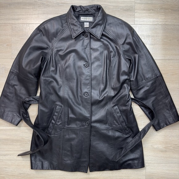 Preston & York Black Genuine Leather Belted Button Up Belt Tie Coat Mid Length L - Picture 4 of 11